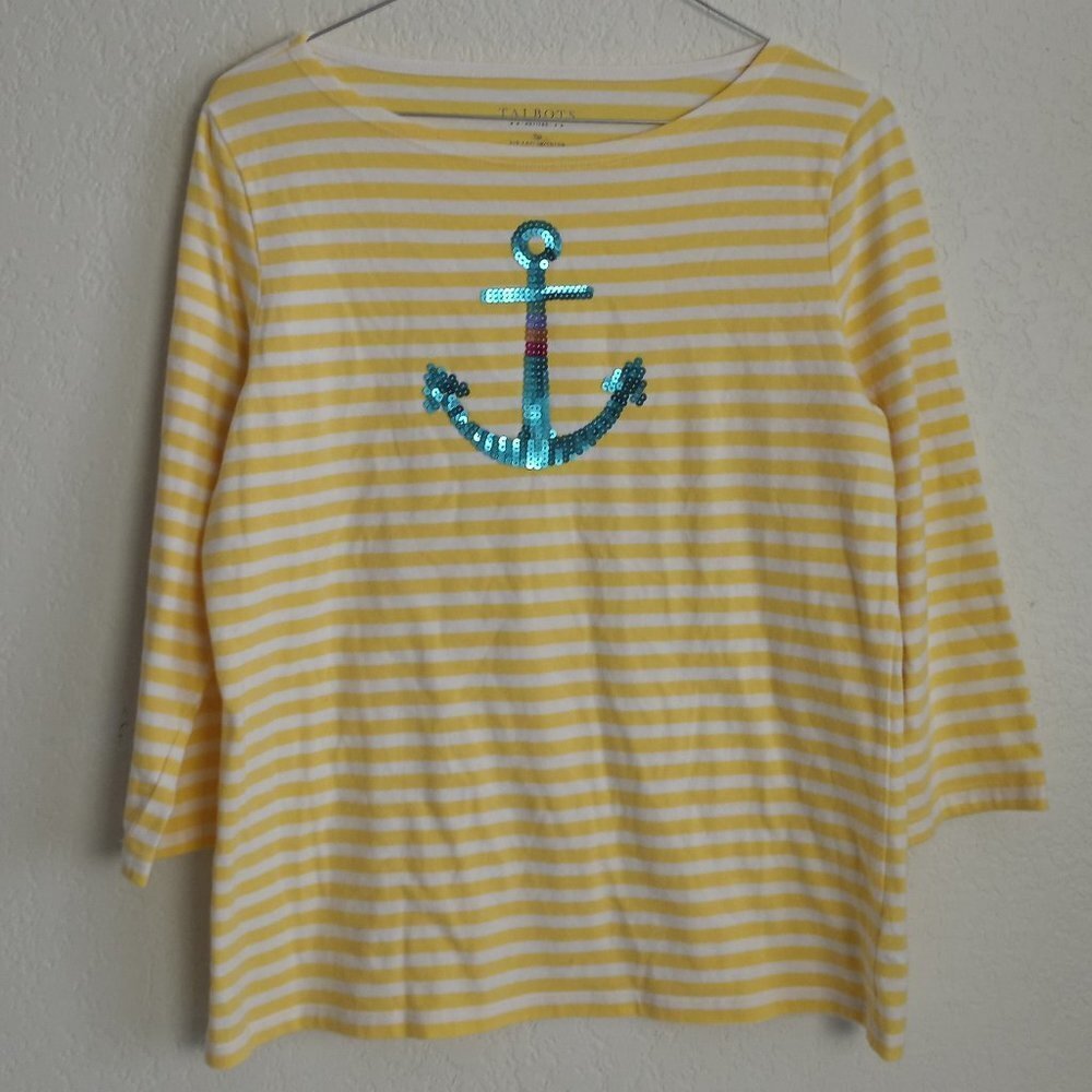 Talbots Nautical Striped Long Sleeve Anchor Top Blouse SP